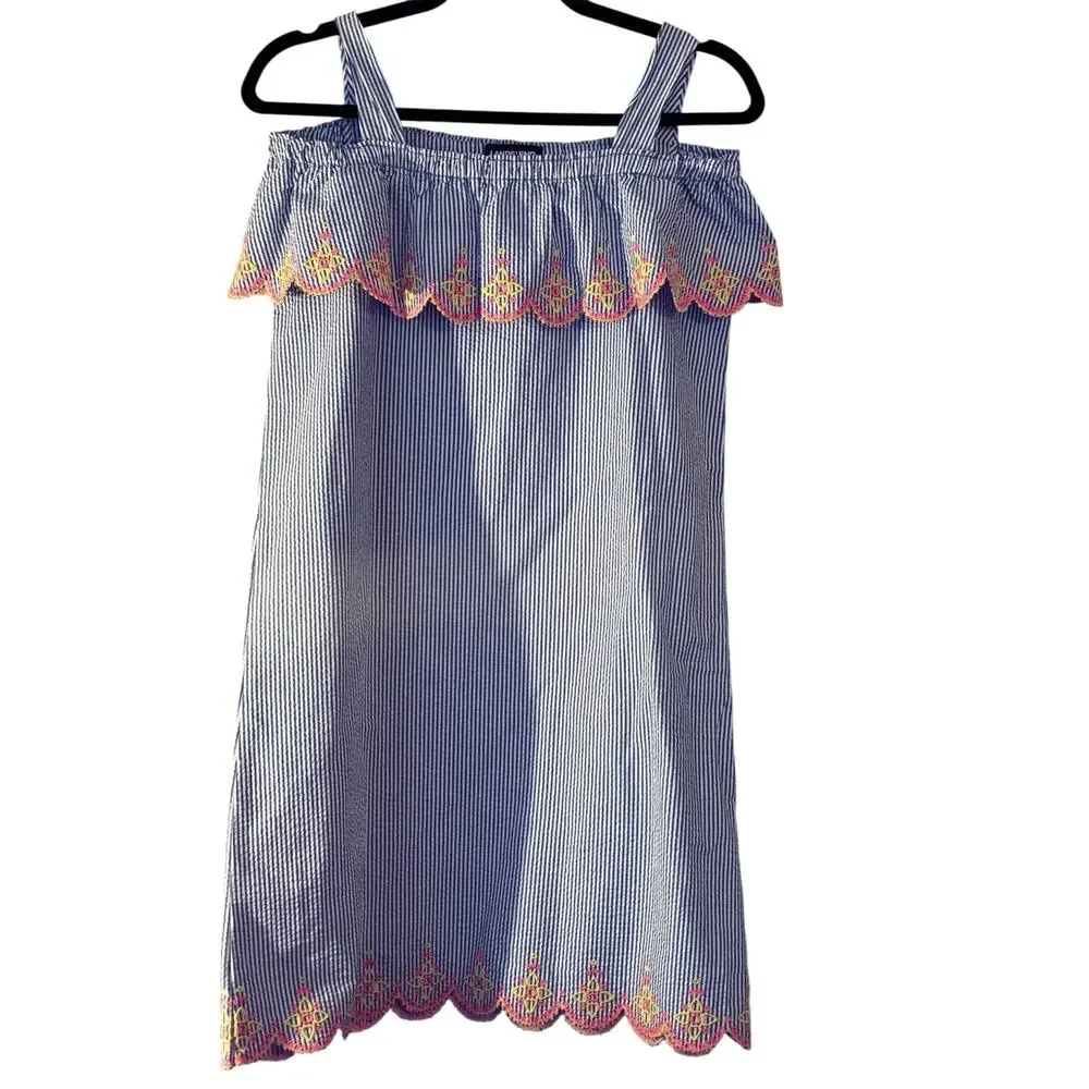 Lands End Girls Seersucker Summer Dress Girls 16 Scalloped Edges 100% Cotton